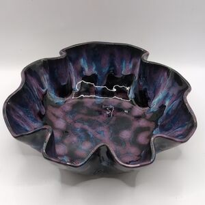 Handmade Signed Purple Decorative Studio Pottery Dish / Bowl Wavy Rim Drip Glaze